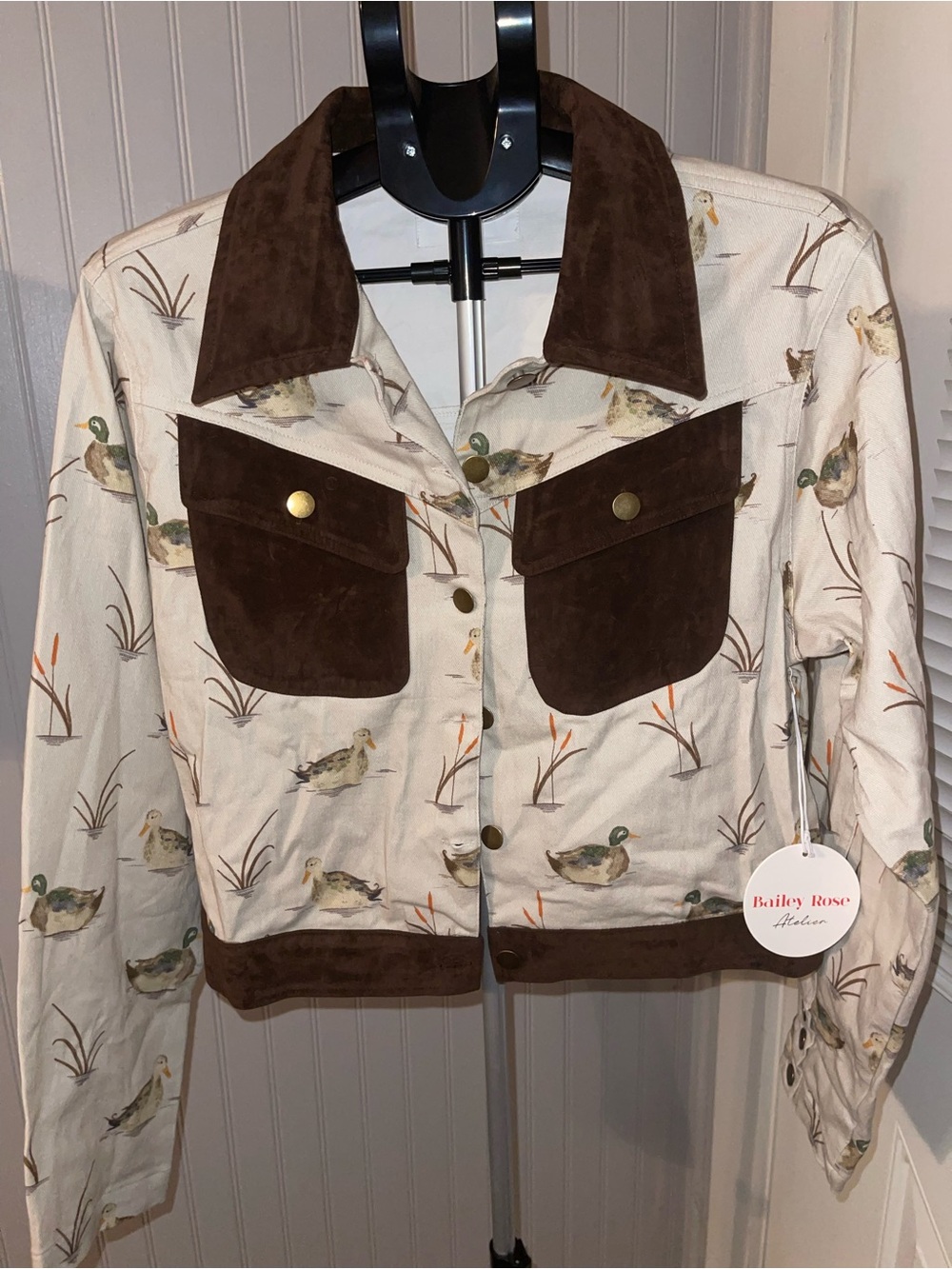 Bailey Rose Cream & Brown Duck-Print Cropped Jacket